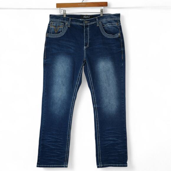 True Luck Jeans Mens 38x32 Blue Straight Leg White Stitch Embroidered Stretch - Picture 1 of 11
